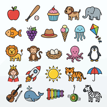 A collection of cute hand drawn cartoon icons for kids