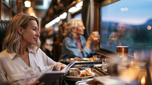 Woman reading menu, dining in a vintage train carriage. Senior passenger in background enjoying scenic view during journey