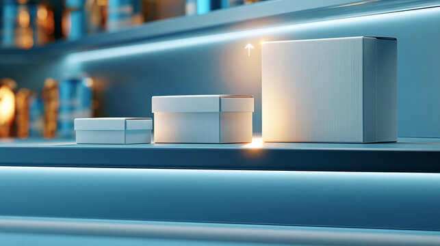 Photorealistic close up retail shelf with three product box sizes small medium and large boxes side by side left to right