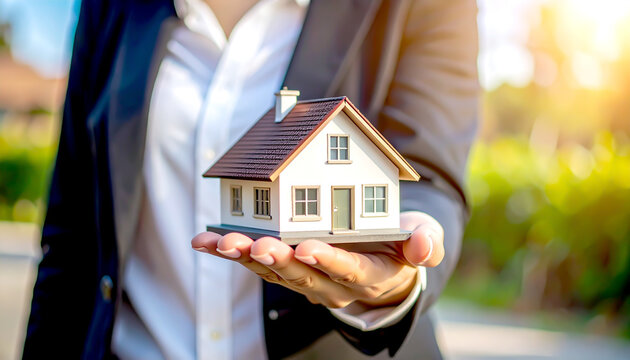 Immobilienmaklerin pr&auml;sentiert Hausmodell im Sonnenlicht
