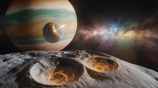 Jupiter-like planet with a moon, craters on a moon's surface, and a nebula in space