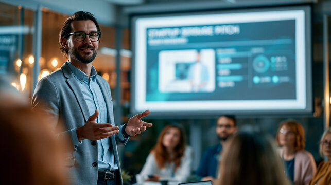 Confident presenter standing by projector screen showing a modern startup pitch slide with product mock and key metrics in a business presentation
