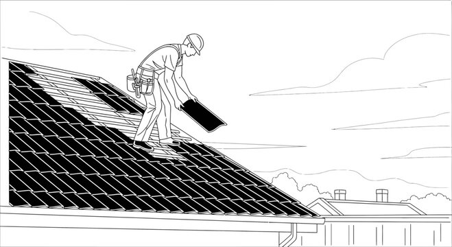 Roofer Installing Tiles on House Roof Line Drawing