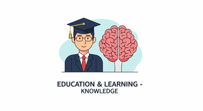 A cartoon man wearing glasses and a graduation cap next to a brain