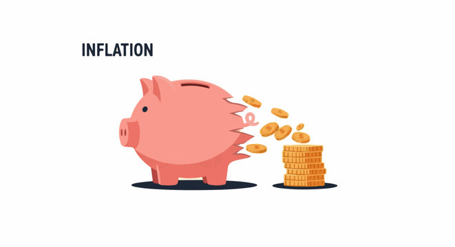A cartoon piggy bank with coins spilling out