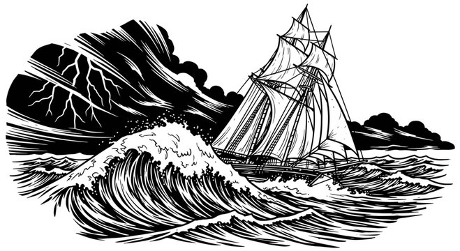 Sailing Ship in Stormy Ocean Graphic Illustration