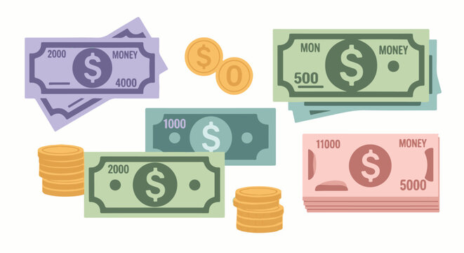 A colorful illustration of various banknotes and coins in different denominations