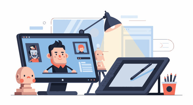 A cartoon graphic illustration of a computer monitor with a man's face on it