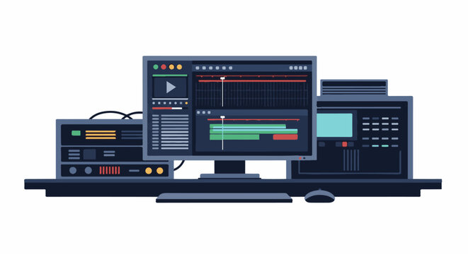 A computer workstation with multiple monitors and audio equipment
