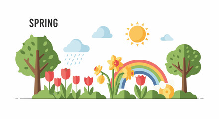 Naklejka premium A colorful spring scene with rainbow, flowers, trees, and sun