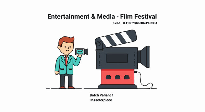 A cartoon man with red hair and a teal jacket standing next to a large camera