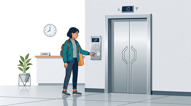 Woman pressing elevator button in modern office building lobby