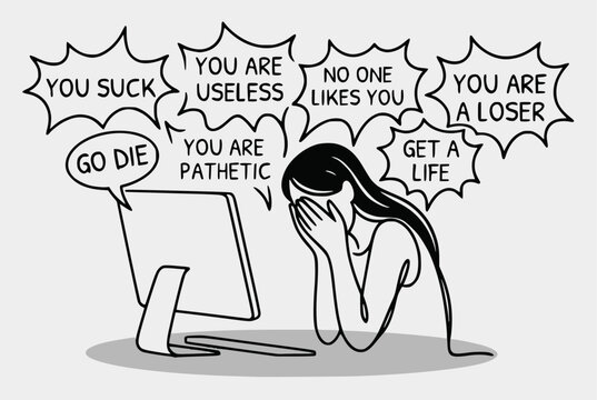 A person overwhelmed by hostile messages in simple line art on a light background, concept of cyberbullying. Cyber bullying concept