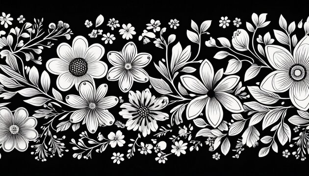 floral seamless border with small flowers black and white horizontal floral vignette