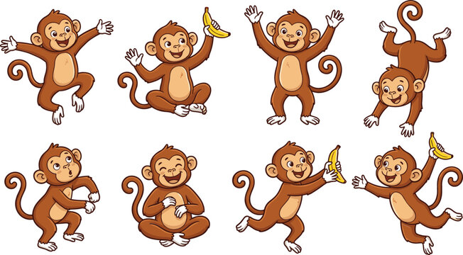 Cute Cartoon Monkey Character Poses Set with Little Chimpanzees Holding Bananas Jumping and Hanging Vector Illustration for Children Book Design Assets
