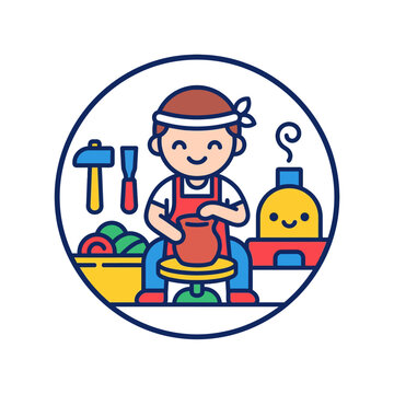 Cute cartoon illustration of a potter making a clay vase