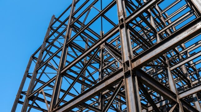 A tall steel framework rises against a clear blue sky. The structure is under construction, with visible beams and supports.