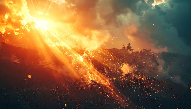 Dramatic golden sun rays piercing through dark storm clouds with swirling glowing embers, wildfire landscape, intense atmospheric lighting, climate change background