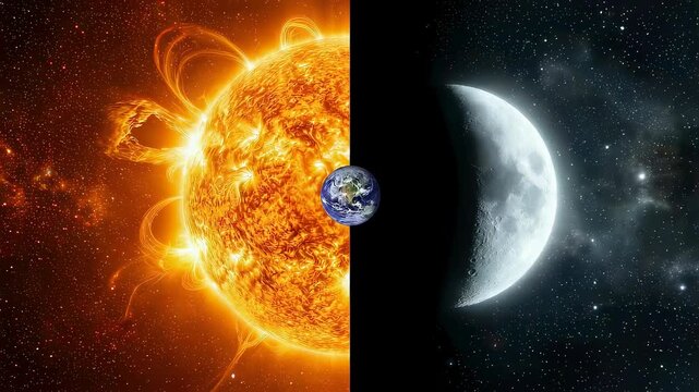 Earth positioned between sun and moon representing creation during day and night. Concept of genesis and cosmic cycle of light and dark in the vast universe.