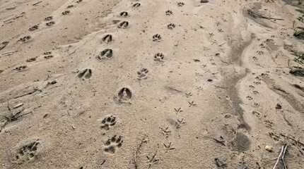 Fototapeta premium A close-up shot of a sandy beach with numerous animal footprints scattered across the surface.