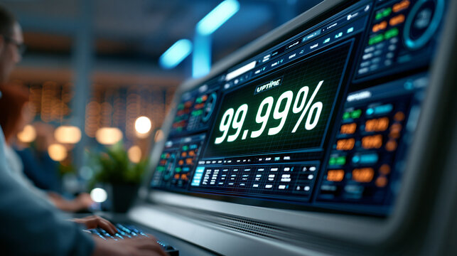 Modern data center monitoring display showing 99.99% uptime metric in green with server status dashboards on dark wall