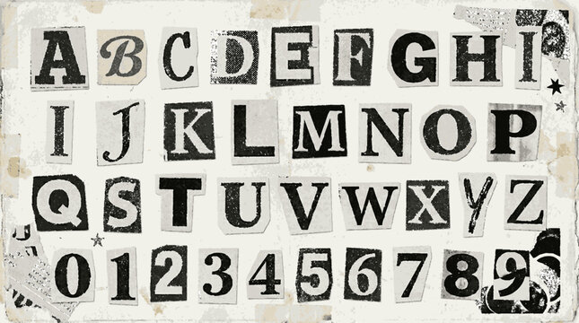 Alphabet and numbers cut from newspaper clippings for ransom note design