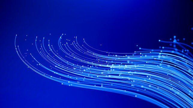 Streaming 3D fiber wave flowing across a blue data field