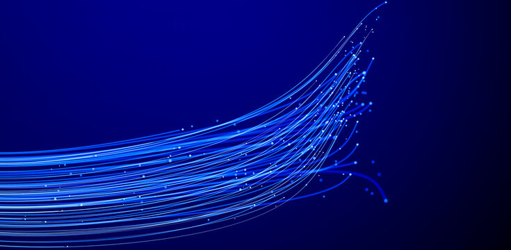 Dynamic 3D fiber sweep bending across a dark blue background
