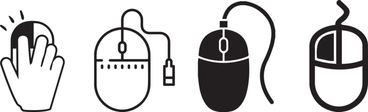 Computer mouse icons, computer peripheral symbols, black and white vector graphics, technology illustrations