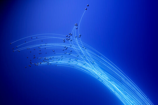 Particle 3D data stream arcing through a luminous blue field