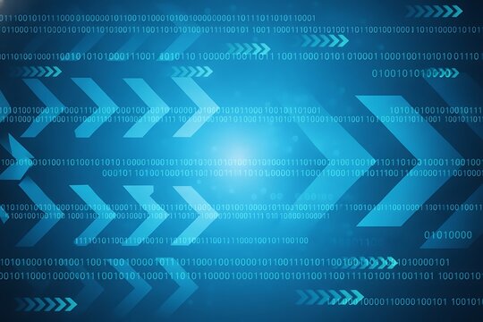 A dynamic blue digital background featuring binary code, pixel patterns, and abstract arrows, representing data flow
