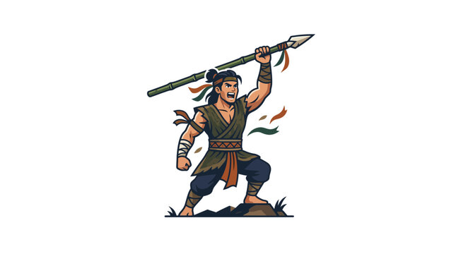 Warrior Holding Spear Up High, Victory Pose, Cartoon Style