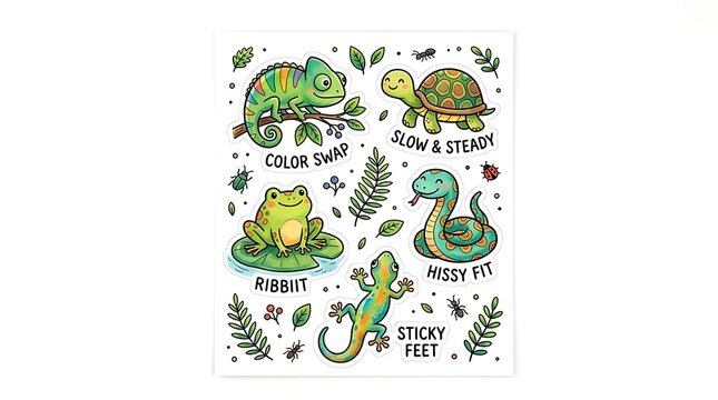 Reptile Party Collage: A charming collection of cartoon reptiles, including a chameleon, turtle, frog, snake, and lizard, surrounded by leafy accents and fun descriptive text.