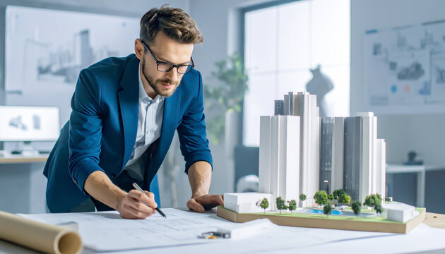 Architekt arbeitet konzentriert an Baupl&auml;nen und modernem Architekturmodell im B&uuml;ro