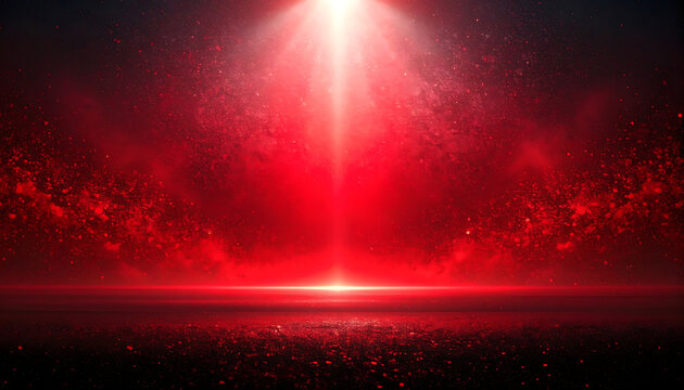 Dramatic red stage spotlight with floating particles and light rays, festive background for presentation or event backdrop