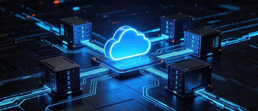 Cloud computing technology concept with distributed servers and digital infrastructure, secure online data storage and network connectivity background