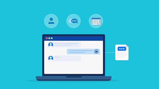 Animated flat vector dashboard on a laptop screen featuring user profiles, live messaging, and customer management icons. Modern customer relationship and digital communication concept.