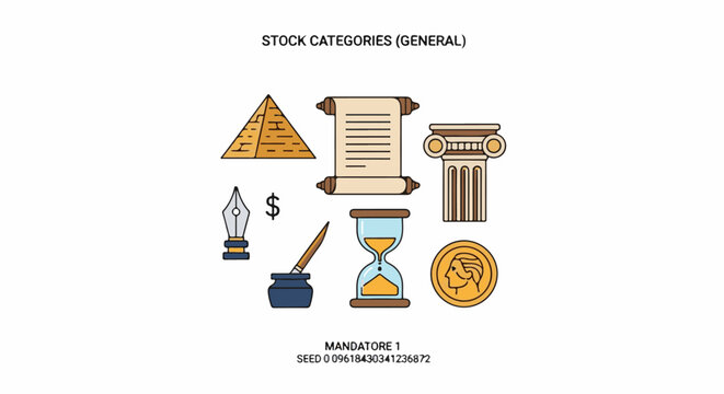 A colorful illustration of eight icons representing general stock categories