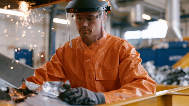 Battery recycling technician using hydraulic shredder to process expired electric vehicle modules, spark suppression system activating above feed hopper, protective face shield and fire resistant su