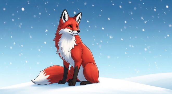 Beautiful red fox sitting in the snow during a winter snowfall