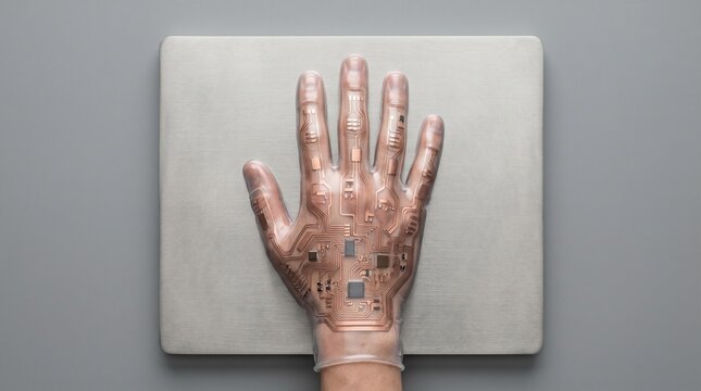 Guante de pol&iacute;mero transparente y circuitos electr&oacute;nicos integrados sobre placa de metal