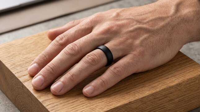 Mano con anillo negro mate sobre una tabla de madera
