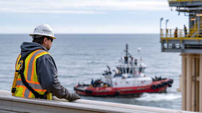 Ocean thermal energy platform maintenance worker in harness descending heat exchanger column, vast open Pacific horizon visible behind industrial structure, small service vessel moored alongside flo