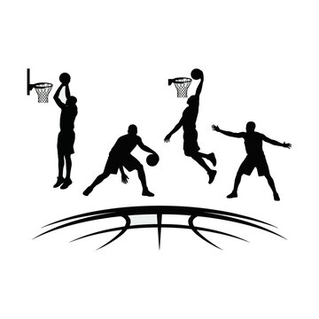 Basketball Players Silhouette Dunking, Dribbling and Defending Over Stylized Court With Hoop