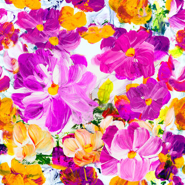 Seamless pattern of abstract painting pink and yellow flowers, original hand drawn, impressionism style, color texture, brush strokes of paint,  art background.