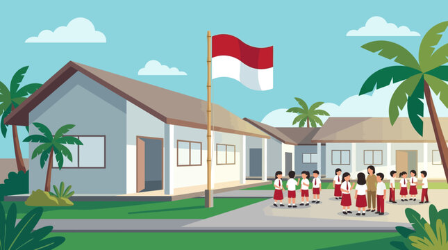 Indonesian school building with students and flag illustration