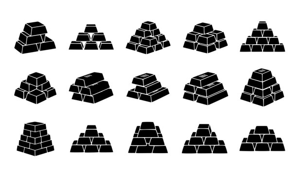Gold Bar Icon Set with Stacked Bullion Pyramids Precious Metal Ingots and Financial Wealth Blocks for Banking Investment Silhouette Vector Illustrations