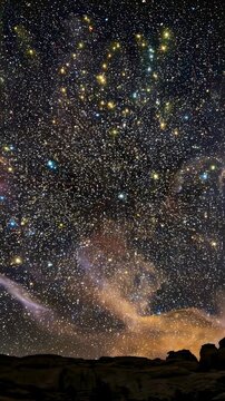 Night sky filled with stars above desert landscape. Divine creation of firmament in Genesis. Cosmic expanse representing infinite universe and biblical beginning. Vertical video