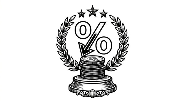 Percentage symbol with downward arrow on stack of coins inside laurel wreath.