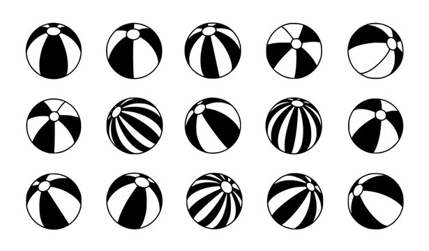 Inflatable Beach Ball Icon Set Featuring Striped Summer Toy Designs for Vacation, Pool Party, and Recreation Vector Projects